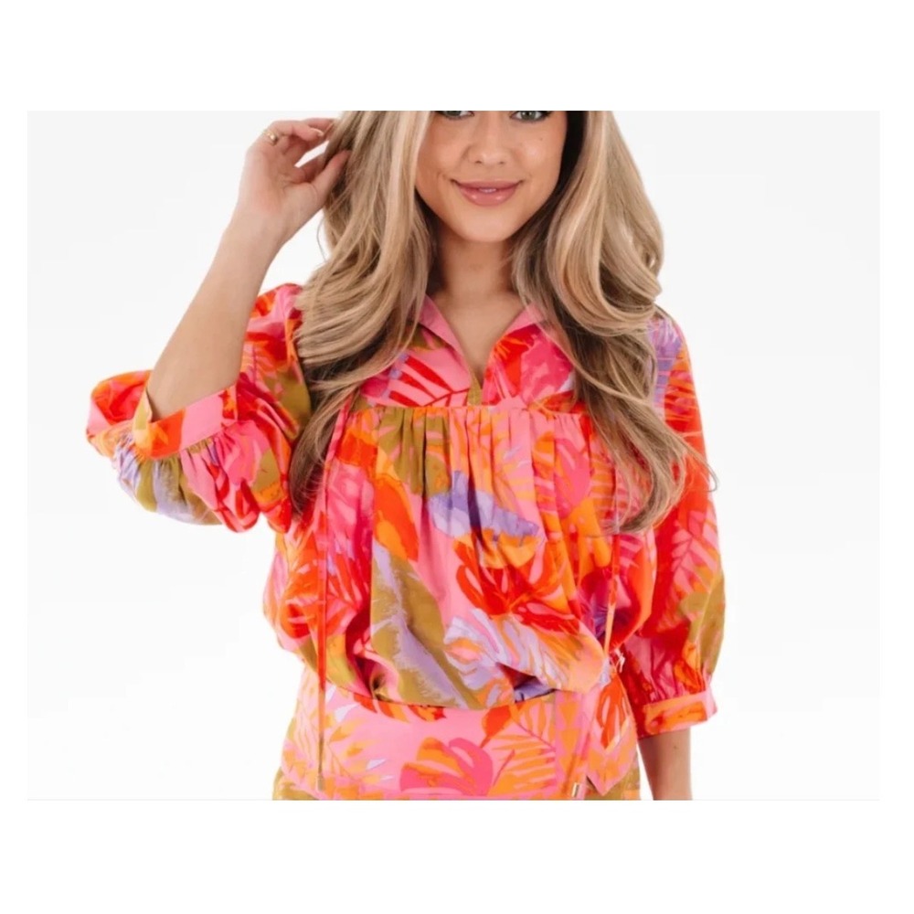 J. Marie Pink Floral Quarter Sleeve Top XS Tropical Monstera Babydoll JM3487 NEW